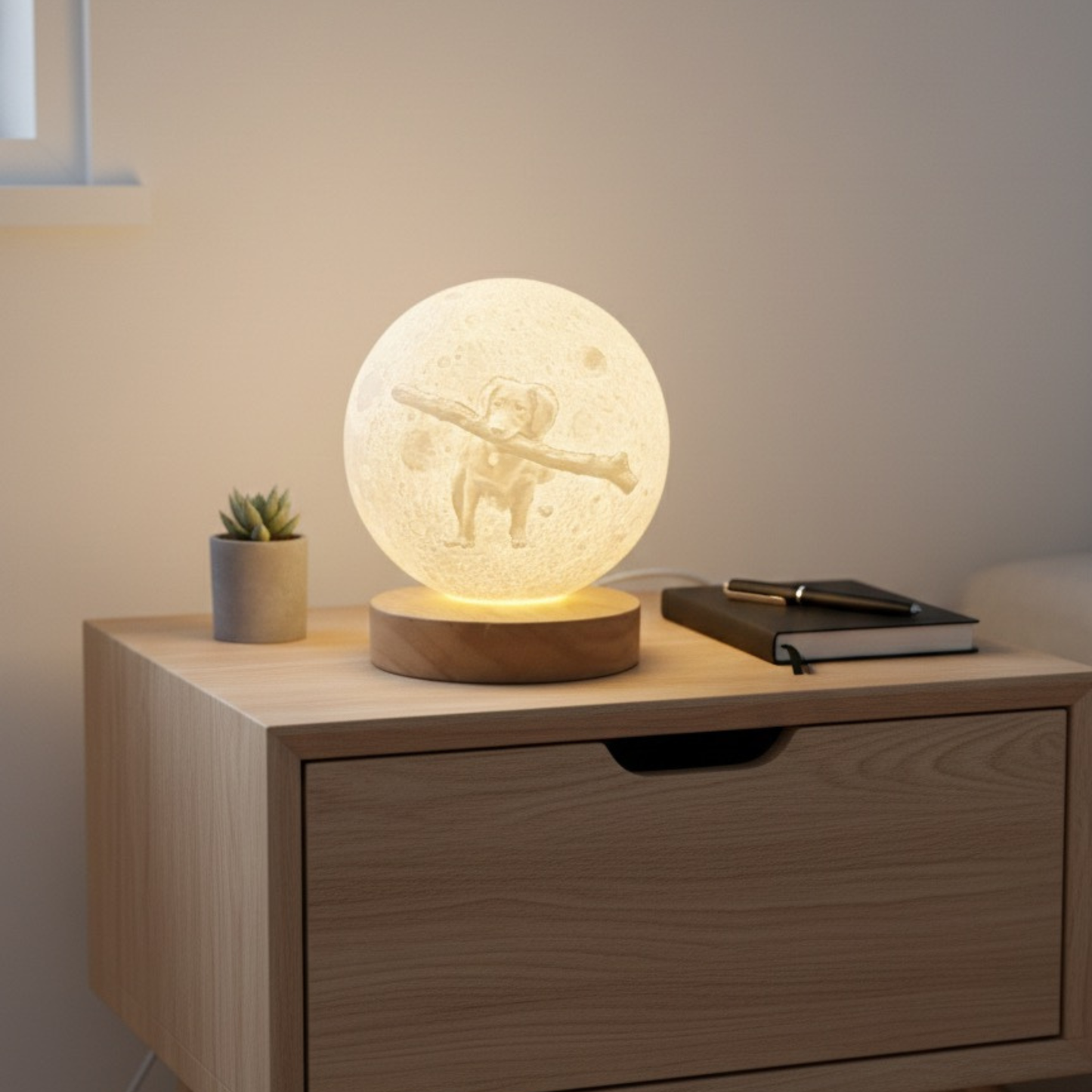 Personalised Moon Lamp with Wooden Base - USB Powered