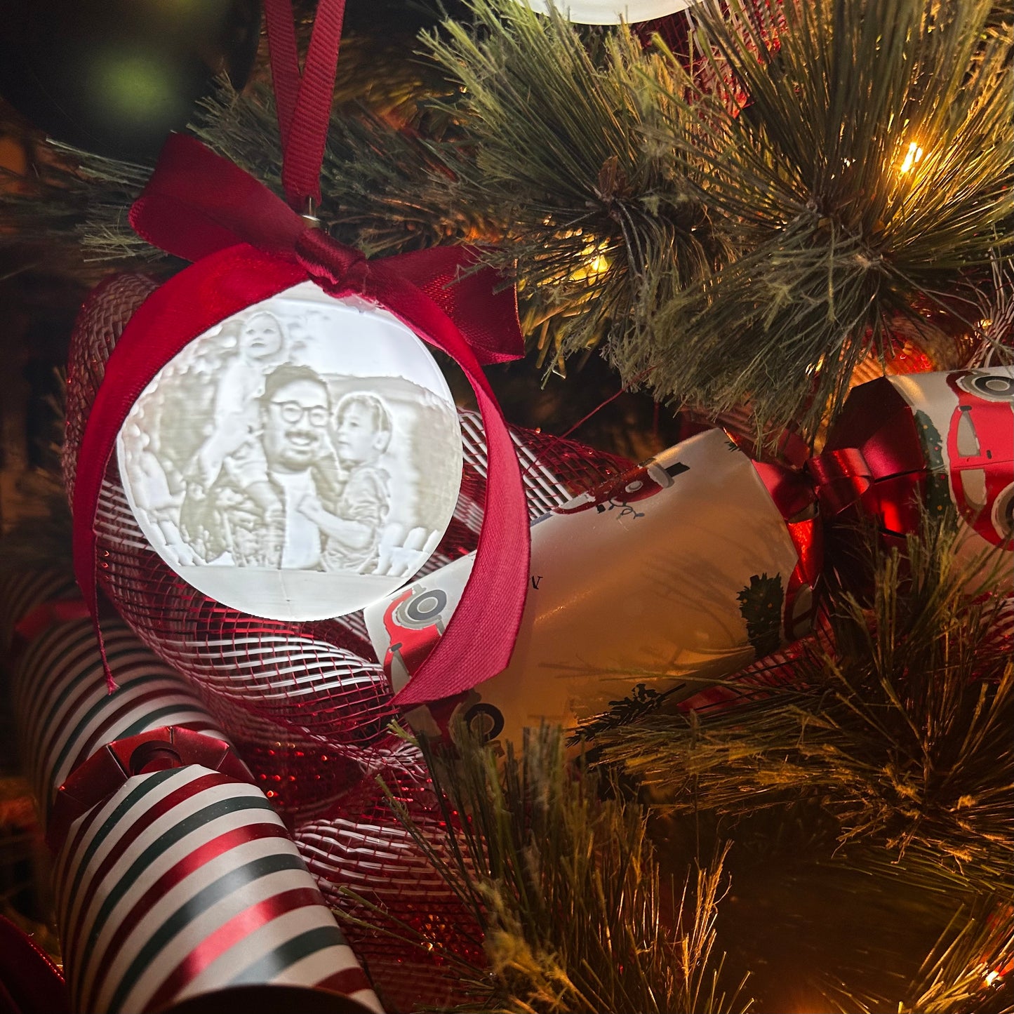 Personalised LED Christmas Bauble with Red Ribbon